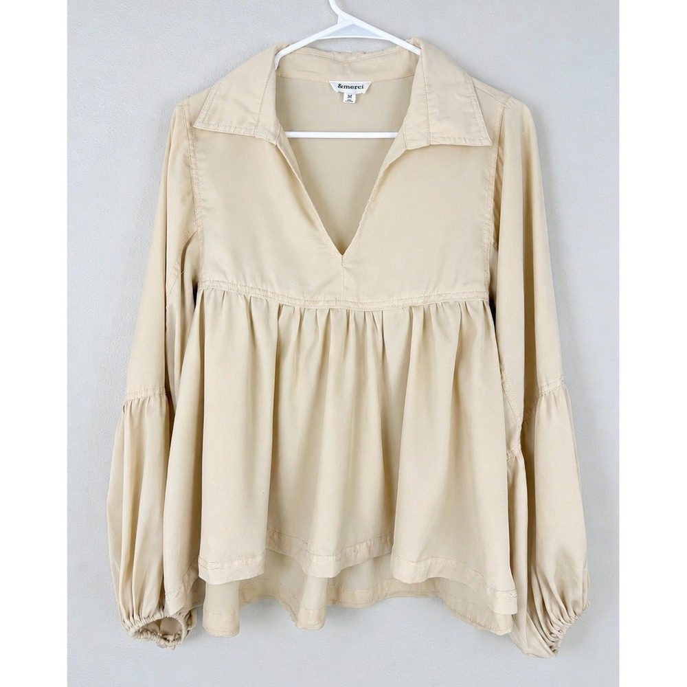 &merci Babydoll Top Women M Beige V-Neck Balloon Sleeve Boho Ren Faire Edwardian